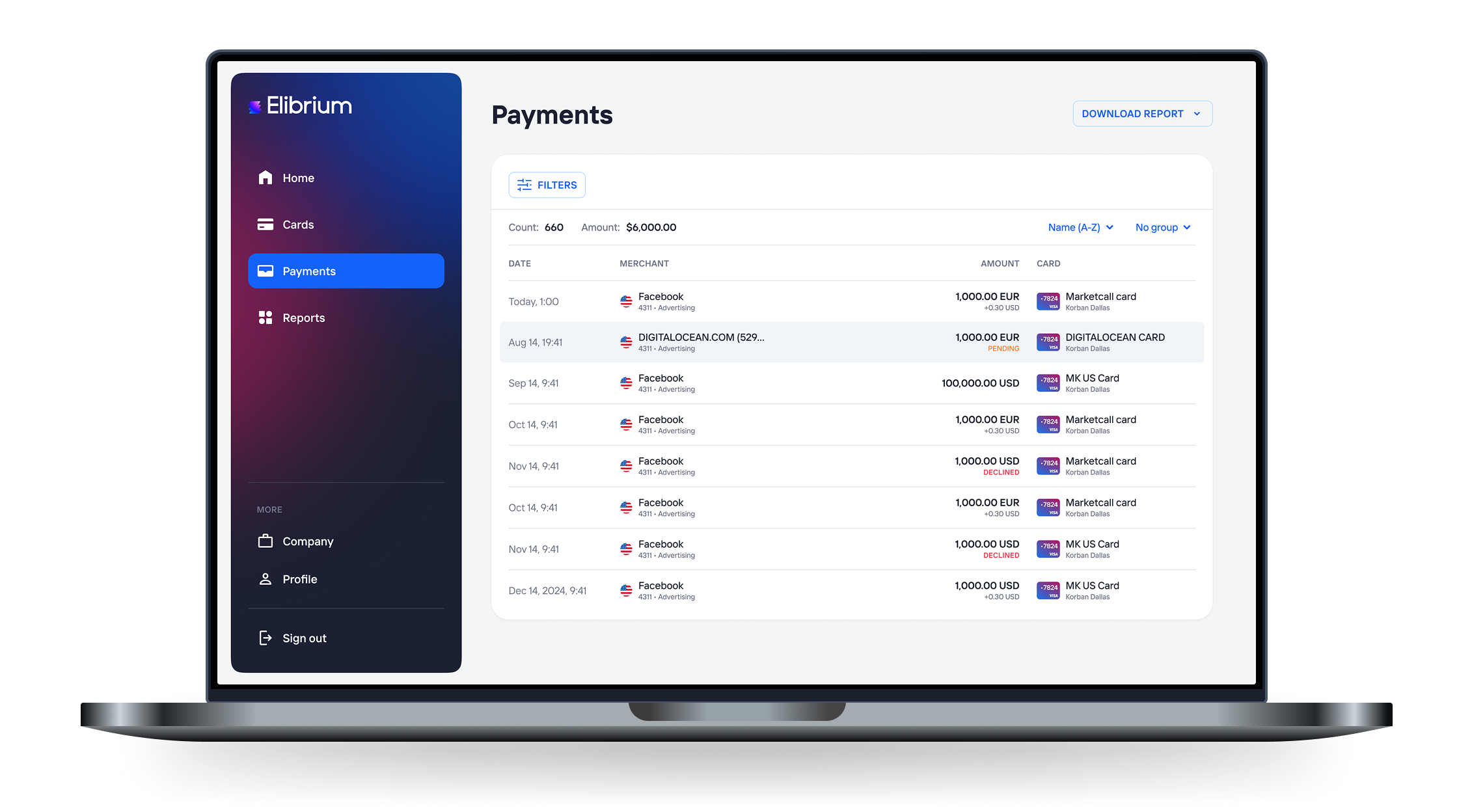 Elibrium dashboard for service payments